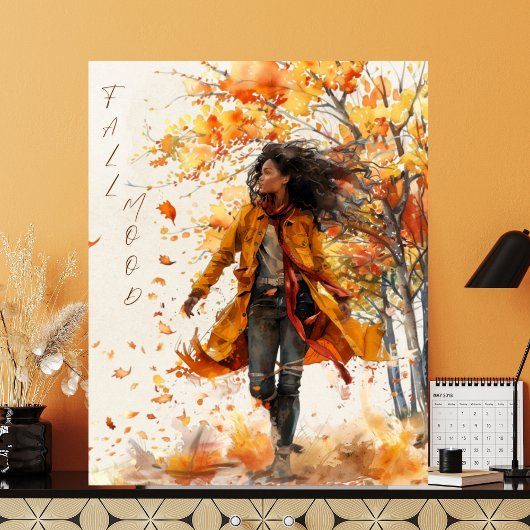 Burnt Orange Golden Autumn Leaves Black Woman Fall ポスター
