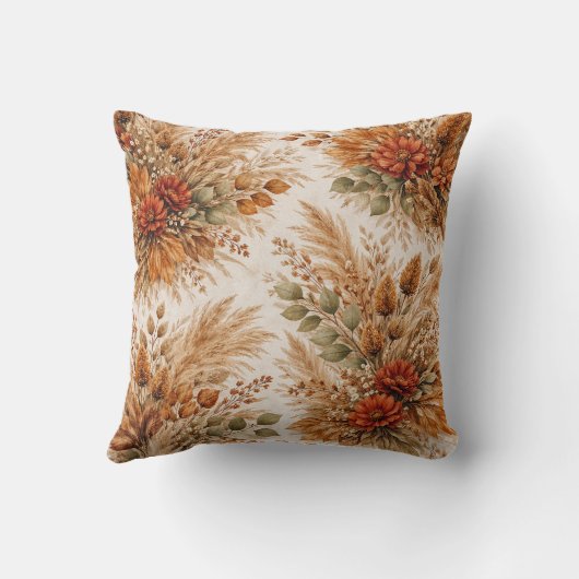 Burnt Orange Harvest Boho Floral Pattern クッション (裏面)