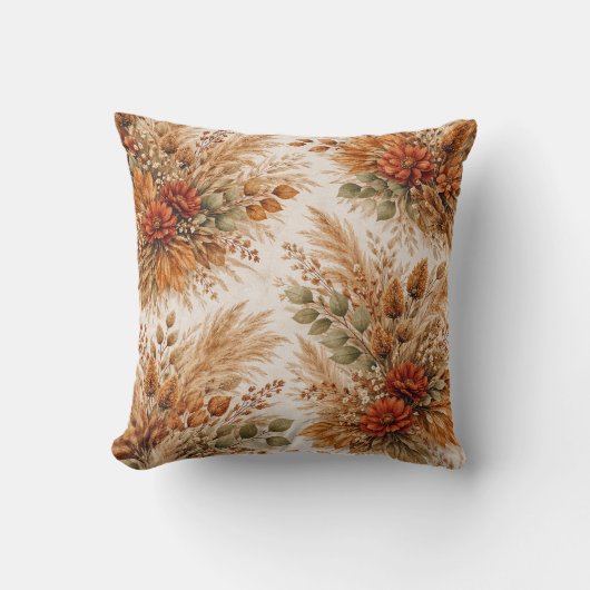 Burnt Orange Harvest Boho Floral Pattern クッション (正面)