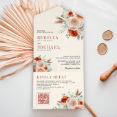 Burnt Orange Ivory Floral QR Code Wedding オールインワン招待状
