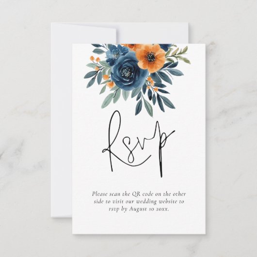 Burnt Orange Navy Blue Florals QR Code Wedding 出欠カード (正面)