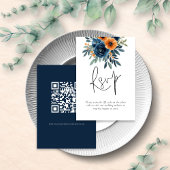 Burnt Orange Navy Blue Florals QR Code Wedding 出欠カード