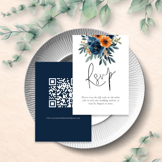 Burnt Orange Navy Blue Florals QR Code Wedding 出欠カード
