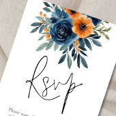 Burnt Orange Navy Blue Florals QR Code Wedding 出欠カード