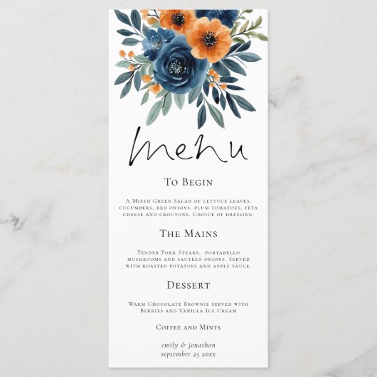 Burnt Orange Navy Blue Florals Wedding メニュー (正面)