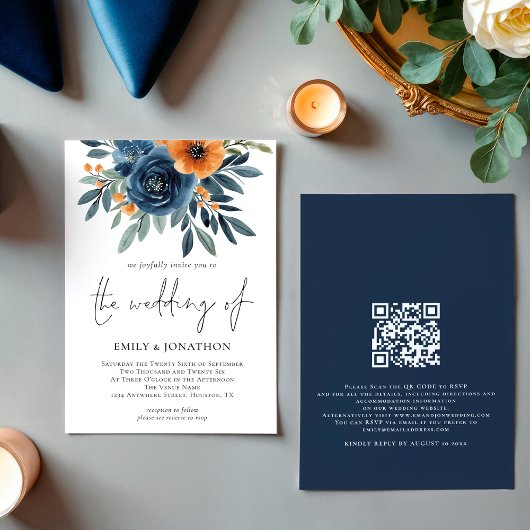 Burnt Orange Navy Florals QR Code Wedding 招待状