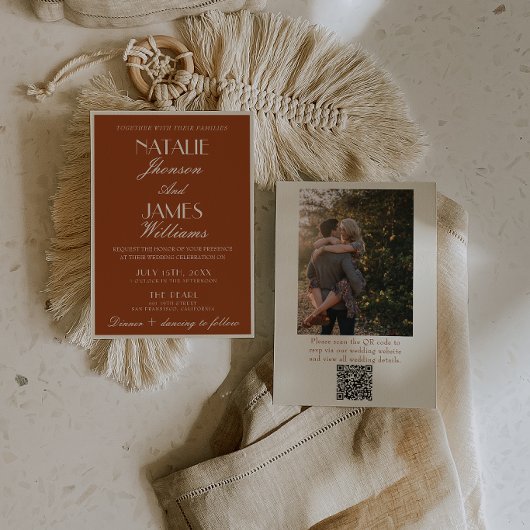 Burnt Orange Old Money QR Code Photo Wedding 招待状