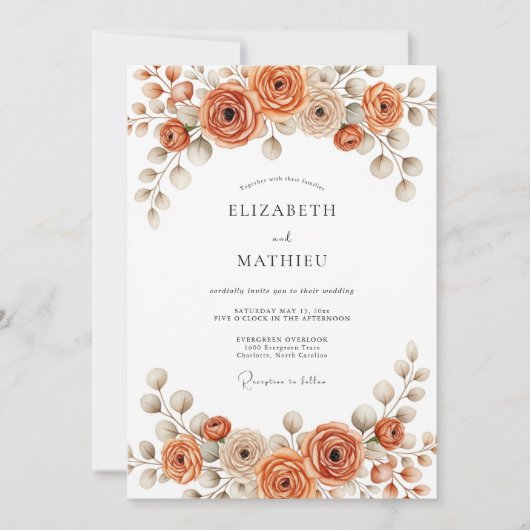 Burnt Orange Painterly Blossom Wedding 招待状 (正面)