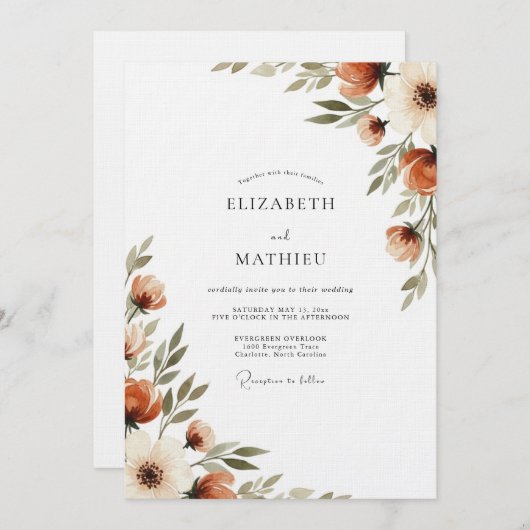 Burnt Orange Painterly Flora Wedding 招待状 (正面/裏面)