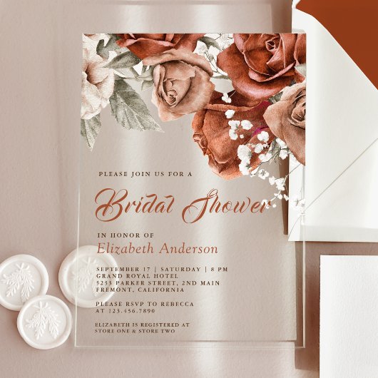 Burnt Orange Roses Terracotta Floral Bridal Shower アクリル招待状
