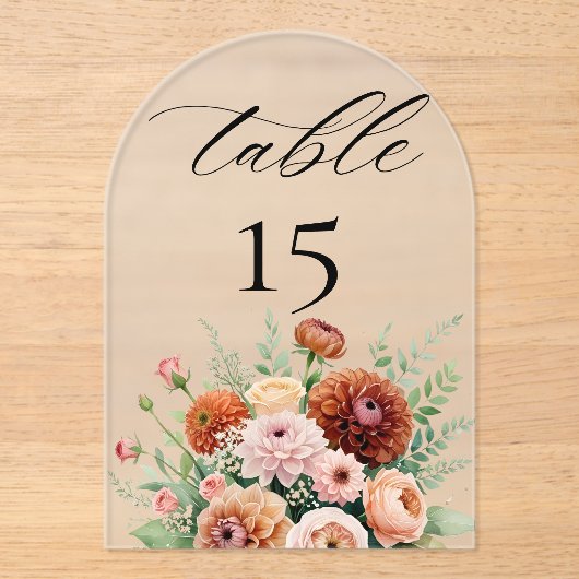 Burnt Orange Sage Flowers Wedding Table Number アクリル招待状 (正面)
