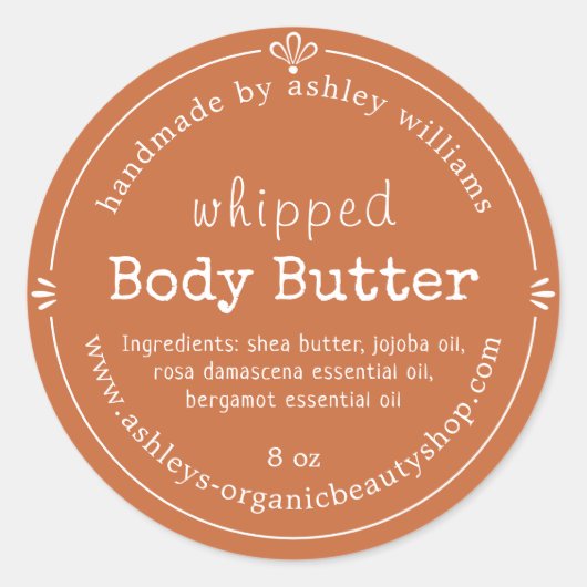 Burnt Orange Script Handmade Body Butter Label ラウンドシール (正面)
