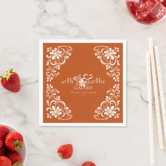 Burnt Orange Shabby Chic Mr & Mrs Wedding Napkin スタンダードカクテルナプキン (インサイチュ)