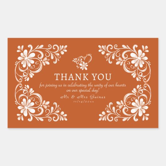 Burnt Orange Shabby Chic Thank You Wedding Sticker 長方形シール (正面)