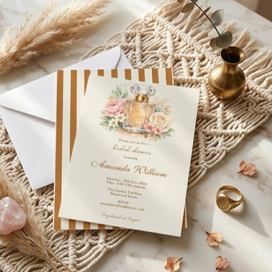 Burnt Orange Stripes Floral Perfume Bridal Shower 招待状