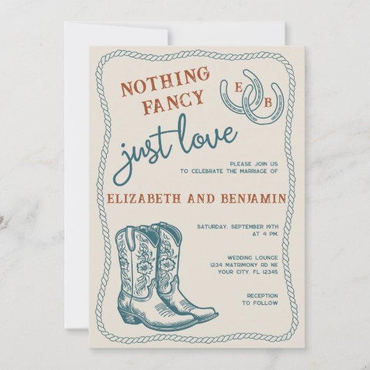 Burnt Orange Teal Cream Western Horseshoe Wedding 招待状 (正面)