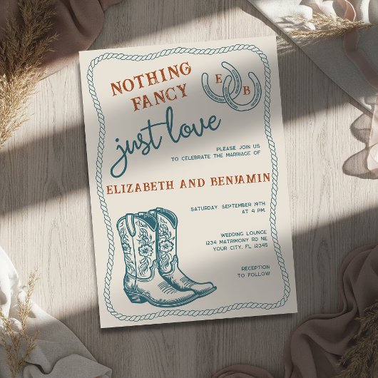 Burnt Orange Teal Cream Western Horseshoe Wedding 招待状