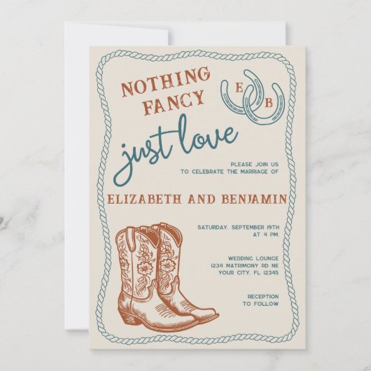 Burnt Orange Teal Cream Western Horseshoe Wedding 招待状 (正面)