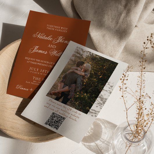 Burnt Orange Terracotta Photo QR Code Wedding 招待状