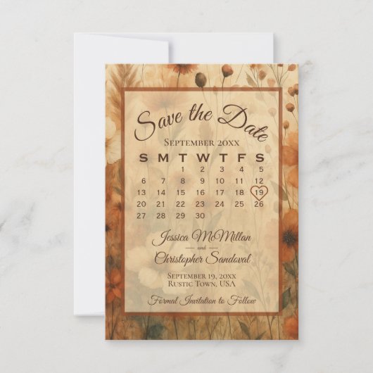Burnt Sienna Boho Chic Flowers Calendar Wedding セーブザデート (正面)