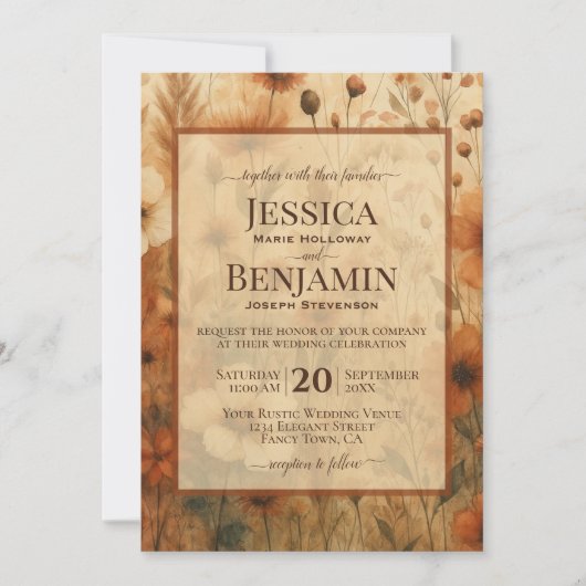 Burnt Sienna Boho Chic Wildflowers Stylish Wedding 招待状 (正面)