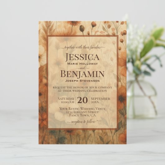 Burnt Sienna Boho Chic Wildflowers Stylish Wedding 招待状 (スタンド正面)