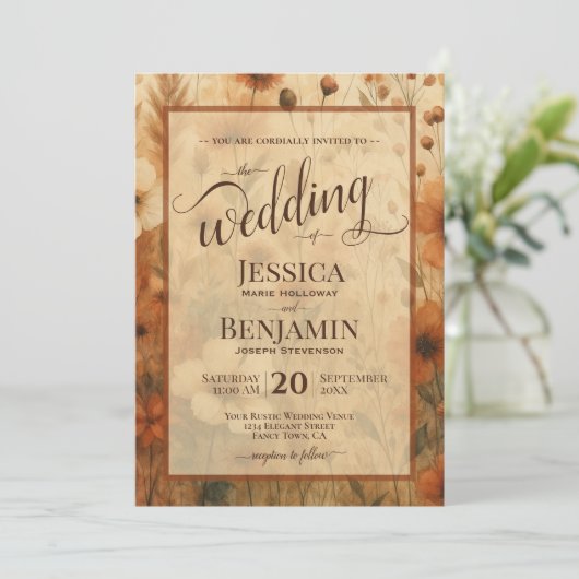 Burnt Sienna Boho Floral Stylish Script Wedding 招待状 (スタンド正面)