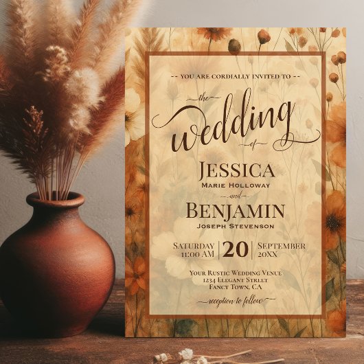 Burnt Sienna Boho Floral Stylish Script Wedding 招待状