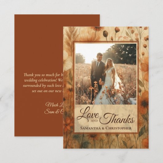 Burnt Sienna Boho Wildflowers Photo & Note Wedding サンキューカード (正面/裏面)