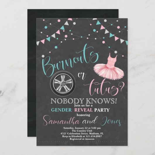 BurntusまたはTutusジェンダーがパーティーを明らかにする 招待状 (正面/裏面)