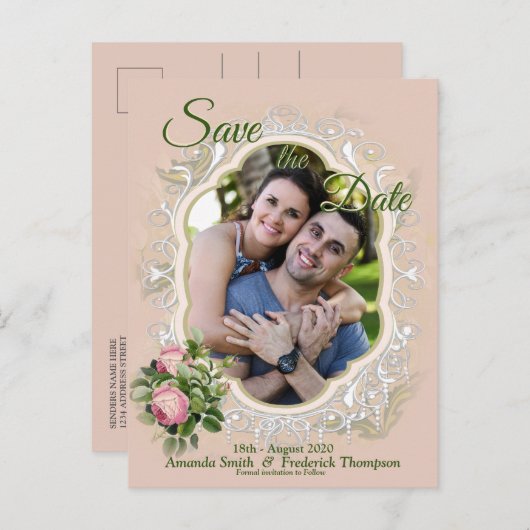 Bush Garden Green – ソフトピンクのバラが日付を保存 案内ポストカード (正面/裏面)