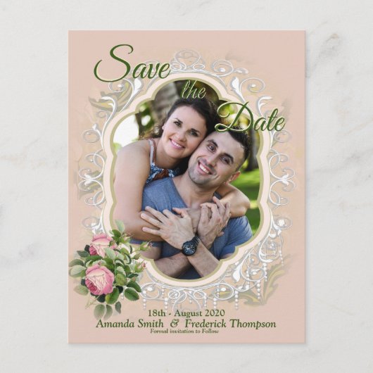 Bush Garden Green – ソフトピンクのバラが日付を保存 案内ポストカード (正面)