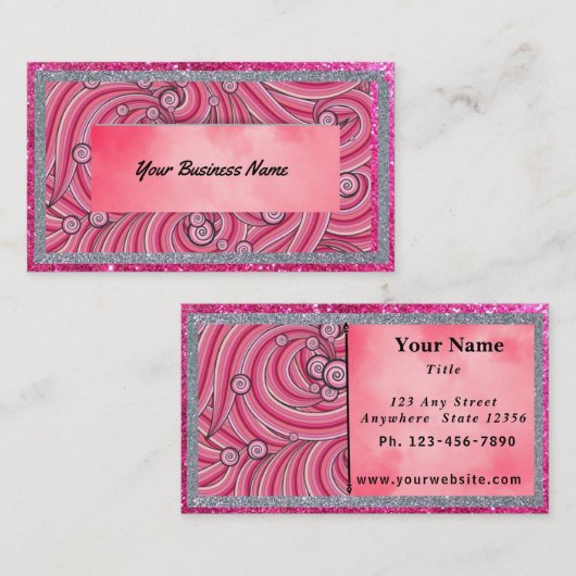 Business Cards Pink Sparkle & Grey 名刺 (正面/裏面)
