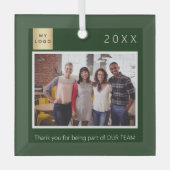 Business Companyのロゴの写真感謝していは緑色 ガラスオーナメント (正面)