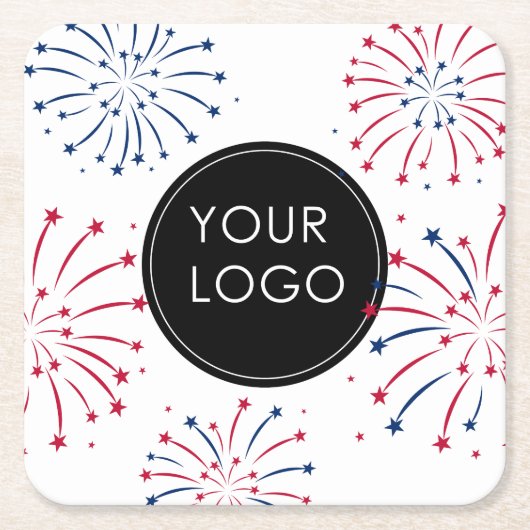 Business Company Fireworks 7月4日のロゴの追加 スクエアペーパーコースター (正面)