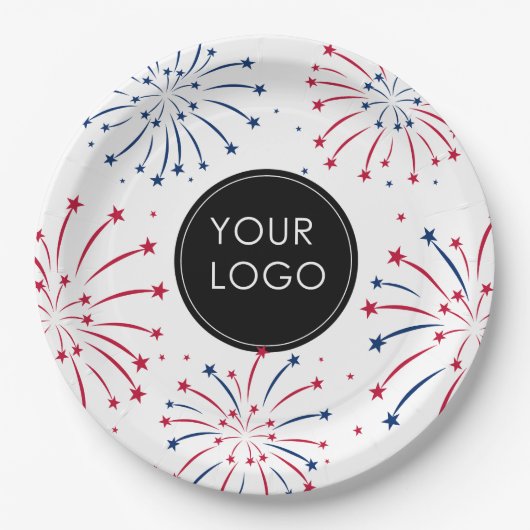 Business Company Fireworks 7月4日のロゴの追加 ペーパープレート (正面)
