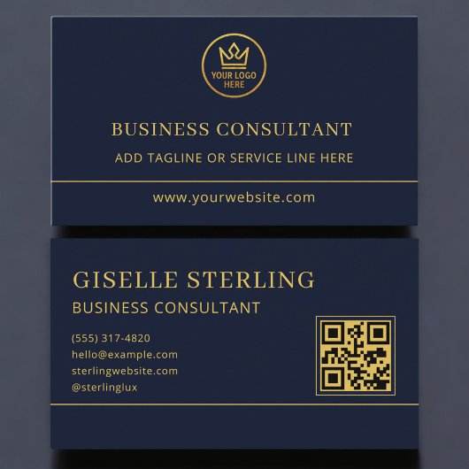 Business Consultant Blue Gold Logo QR Code 名刺