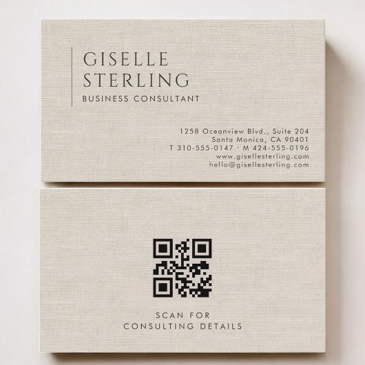 Business Consultant Luxury Neutral Linen QR Code 名刺