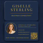 Business Consultant Navy Blue Gold Photo QR Code 名刺