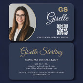 Business Consultant Photo QR Code Navy Blue Gold 名刺