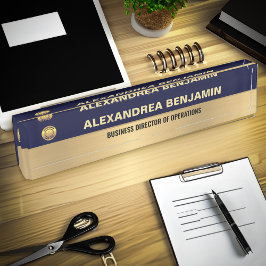 Business Employee Logo Gold Blue Modern Custom デスクネームプレート