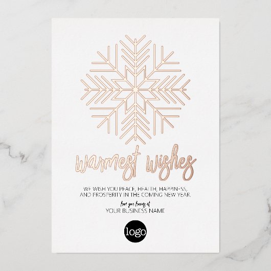 Business Greeting White – 暖かいスノーフレークバラ金ゴールド 箔シーズンカード (正面)