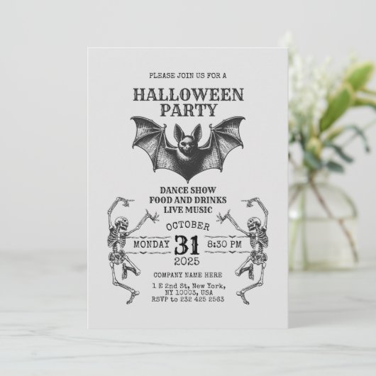 Business Halloween Invitation with Skeletons & Bat 招待状 (スタンド正面)