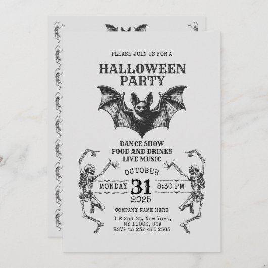 Business Halloween Invitation with Skeletons & Bat 招待状 (正面/裏面)
