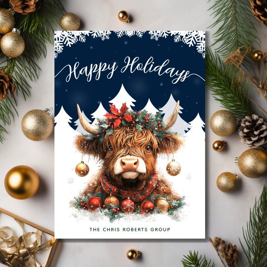 Business Happy Holidays Festive Highland Cow シーズンカード