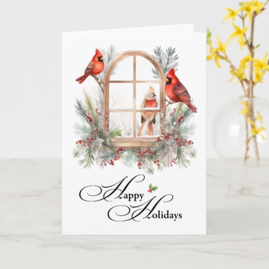 Business Happy Holidays Winter Cardinal Birds カード (黄色い花)