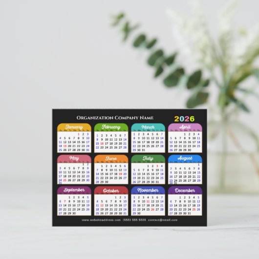 Business Logo 2026カレンダーモダン黒カラフル シーズンポストカード (スタンド正面)