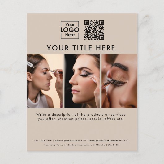 Business Logo Beige美しいサロン3写真QRコード チラシ (正面)