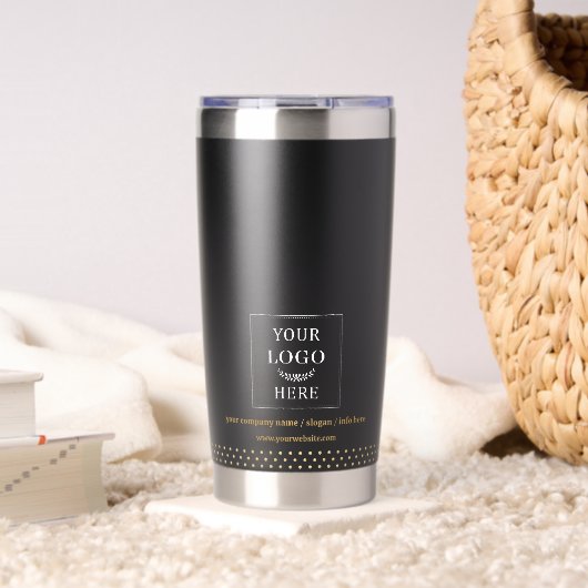 Business Logo Black Gold Dots Branded 保温保冷タンブラー (リビング (回転後))