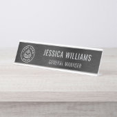 Business Logo Elegant Employee Faux Brushed Black デスクネームプレート (正面)